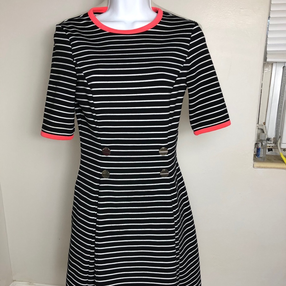 Ted Baker Black and White Striped Midi Dress with Coral Trim